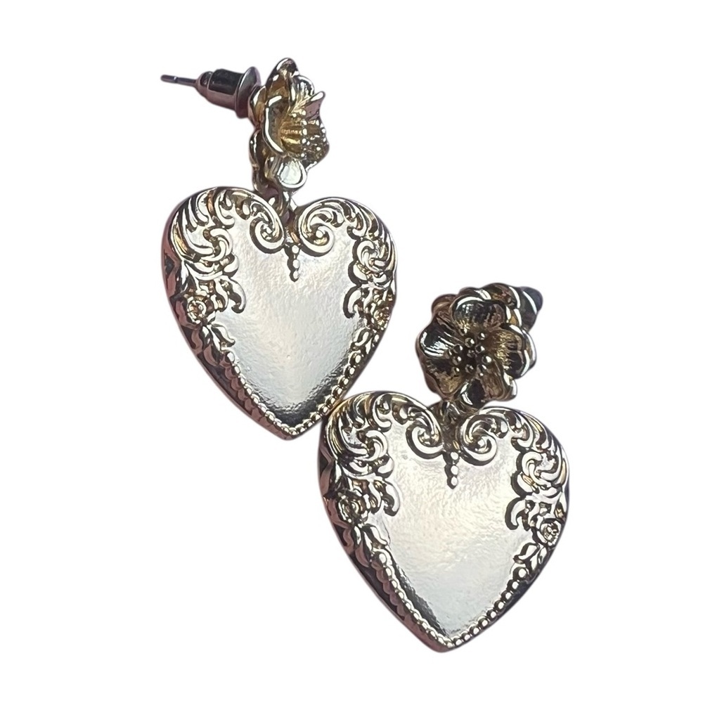 Anthropologie Heart Pendant Earrings Flower Ornament Featuring Engraved Motifs